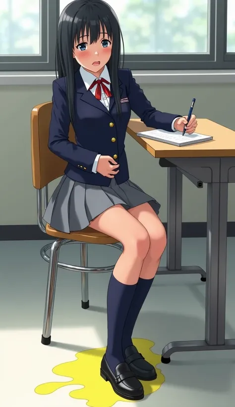 navy blue blazer with gold buttons on a white shirt, red ribbon on the chest,Gray pleated skirt that seeps out of water, dark blue high socks,Black school loafers,black hair long hair,Neat Lady ,Beauty,incontinence while sitting on a classroom chair and pe...