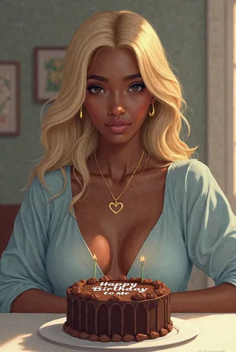 Fille  peau très noir ,cheveux blonde lisse  , gâteau au chocolat, citation "happy birthday to me ",le pupille noir,chemise bleu ciel ,colier d'or coeur infinie
