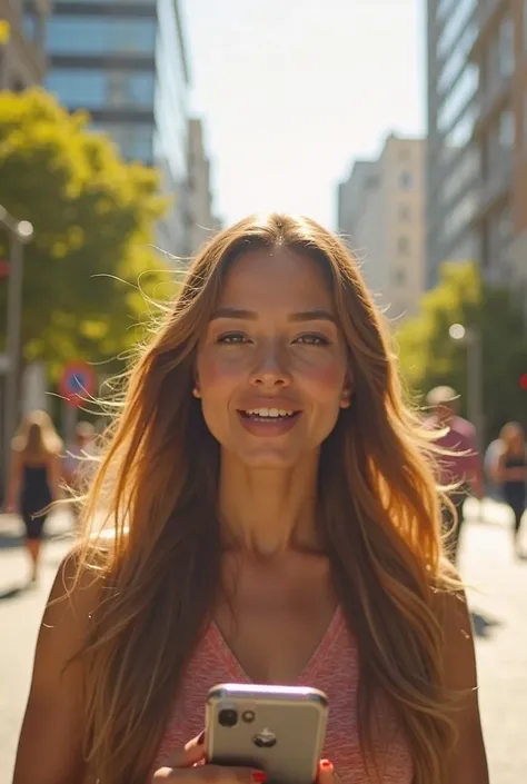 A hyper-realistic, first-person perspective image of a stunning woman walking through a bright, sunlit city street, filming herself with her smartphone. The image should be entirely from the perspective of her phone screen, as if captured directly by her f...