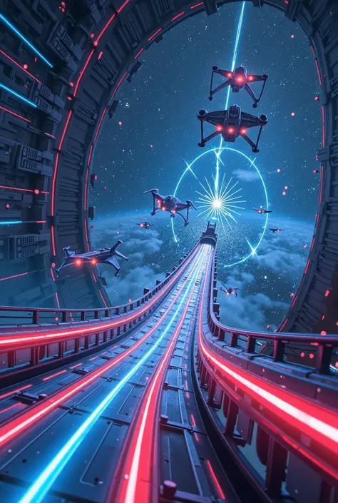 "A futuristic roller coaster inspired by Star Wars Hyperspace Mountain in Disneyland Paris, advancing at full speed through outer space. The paths shine with blue and red neon lights, creating a feeling of extreme speed.  In the background, ships X-Wing an...