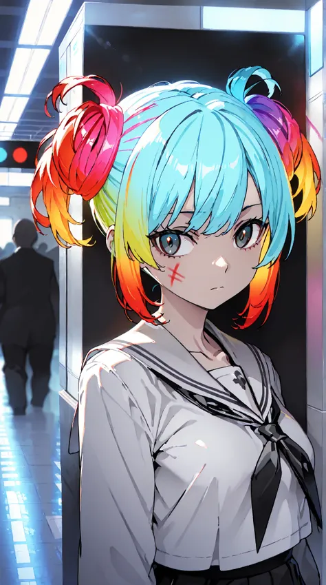 High Resolution, masterpiece, accurate, high quality, HD model, ultra high definition,  highlight color hairstyle, gradation color hairstyle, simple background,  in front of Shimokitazawa station, backlight,  anime,  anime風, 1 girl, solo, Surrounded by cut...