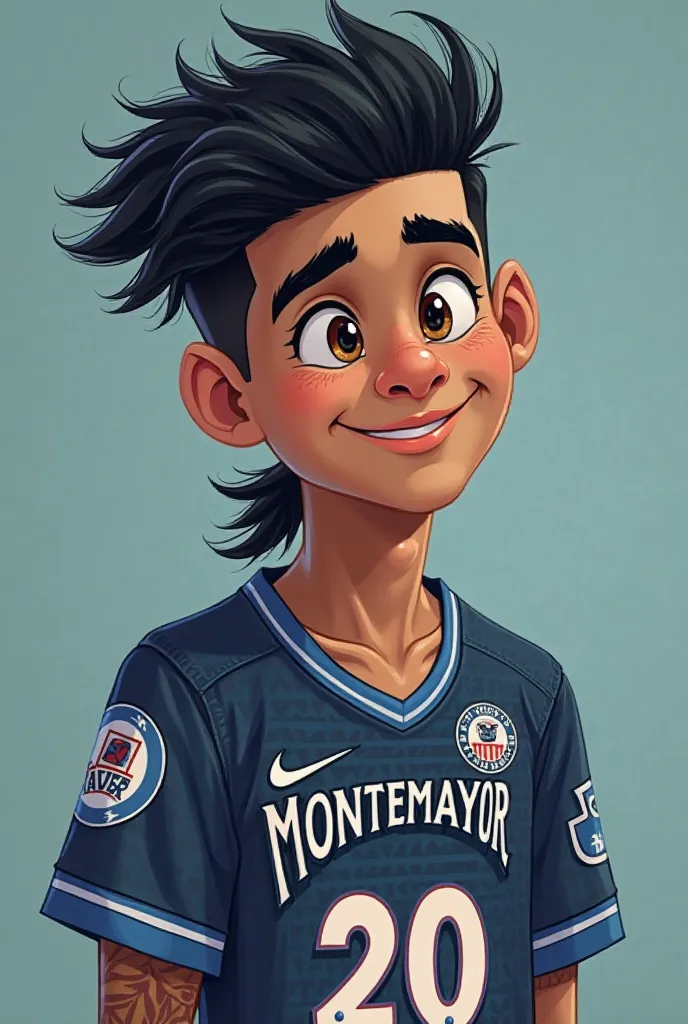 Make me a boy age of 20 blue lock Character with the haircut taper fade mullet and black hair and Black eyebrows and hunter eye with Jersey number 20 with the name of the jersey Montemayor and design of the jersey tribal color dark blue