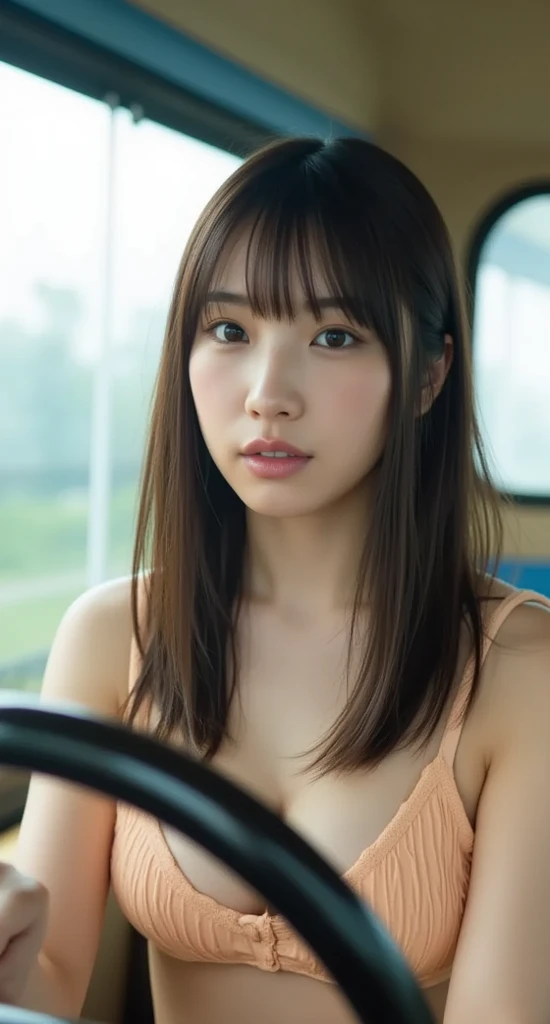 An ultra-high resolution, ultra-high quality photo taken from the passenger seat of a young, beautiful Japanese woman driving a large truck.