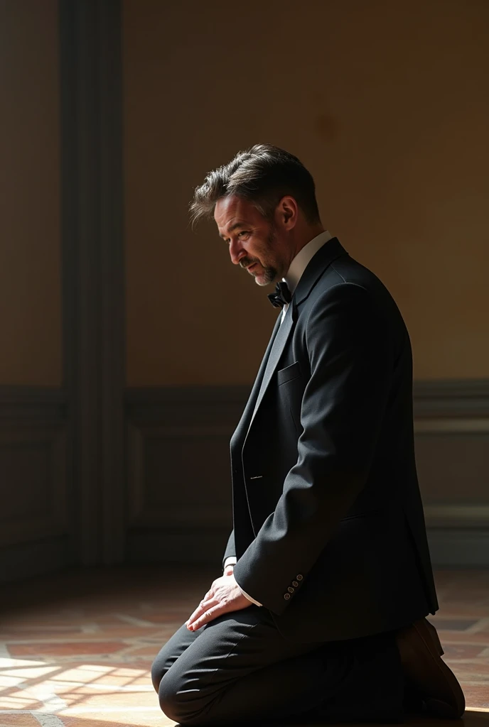 a 30-year-old Italian man, Kneeling asking for forgiveness and crying, Wearing an Italian suit from the '40s,  inside an old Italian convent ,  looking at the floor,  with his hands folded in supplication 