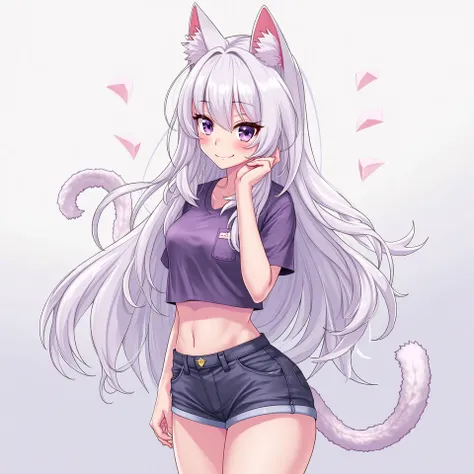 A anime-style catgirl with long flowing white-milk hair and violet eyes and wearing a short-shorts with a tight, short T-shirt.