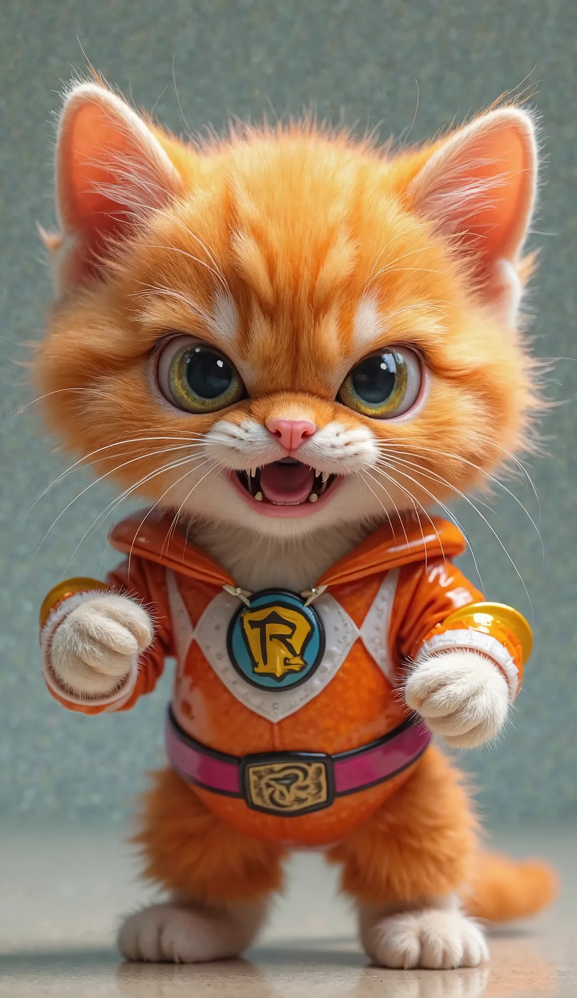 kitten (kitten cat orange , cute, dressed LIKE POWER RANGER)  dengan muka marah