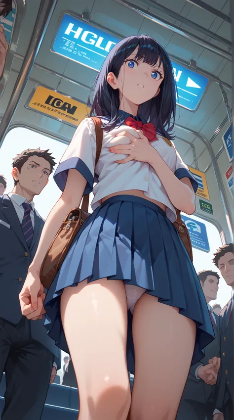 (((score_9,  score_8_up,  score_7_up,  score_6_up))),Cinema Lighting, source_anime,Kjorikka ,  with dark hair,  blue eyes,(thighs are thick:0.9), one adult woman with divided eyes,  high school uniforms,standing,train interior,daytime, white panties slide ...