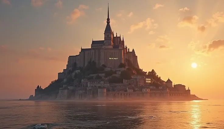 Mont Saint Michel in front of a beautiful clear sunset. On the front is written “RECRUIT”