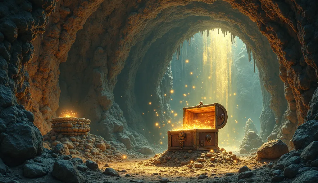 Inside the cave, glowing crystals light up the rocky walls. In the center, a large wooden treasure chest sits on a stone pedestal, covered in dust and cobwebs. Riyan slowly reaches out to open it. As the chest creaks open, golden light spills out!