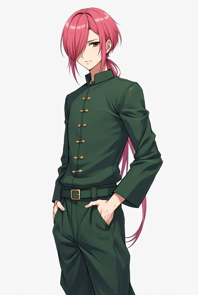 Anime boy, muscular lean figure. Very pale skin. Hot pink hair. Long back hair but short rear hair. Bangs covering one eye, the other is visible. Black soulless eyes. Hot pink hair. Black and sharp eyeliner. Dark green unbuttoned long sleeve uniform shirt....