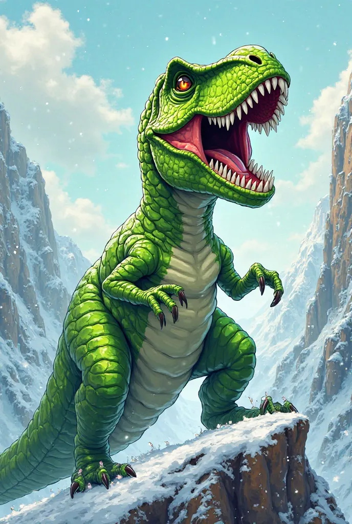 Fashionable green T-rex cartoon screaming with his face up standing on a snowy glass bottle mountain 