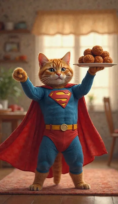 father cat (superman outfit) carry meatball satay