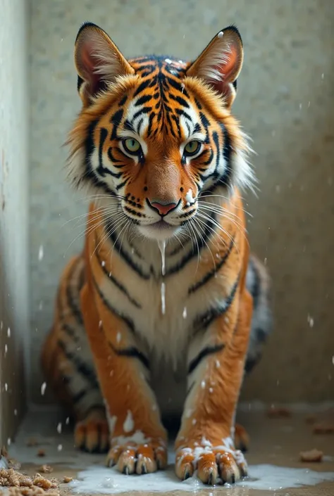 a hyper realistic close-up of a beautiful cat standing the color of a Bengal tiger all dirty with garbage in a simple bathroom, he is all soaked and soapy taking a bath, the water hitting his dirty and wet fur leaving it clean and surreal.