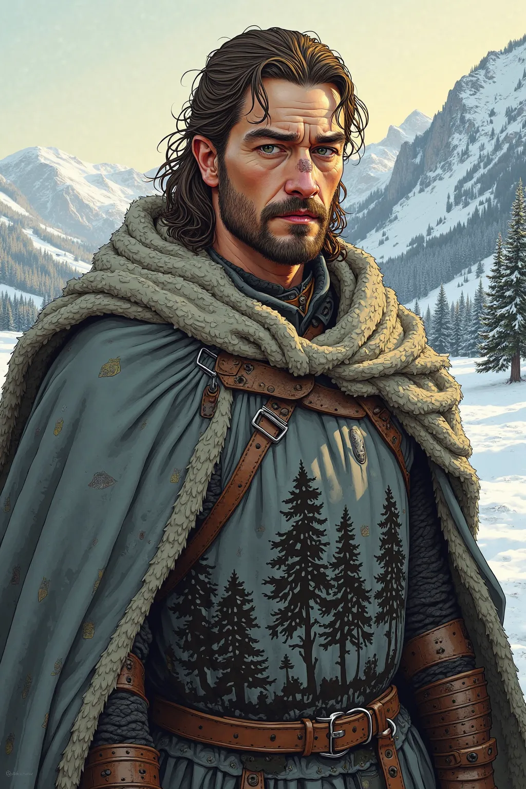 A realistic medieval fantasy portrait of a highland clan warrior. He is 35 years. He has lost the tip of his nose from frostbite. Show with a snort stump nose with a black edge. He wear the war clothes of a highland clan warrior. His surcoat is grey with a...