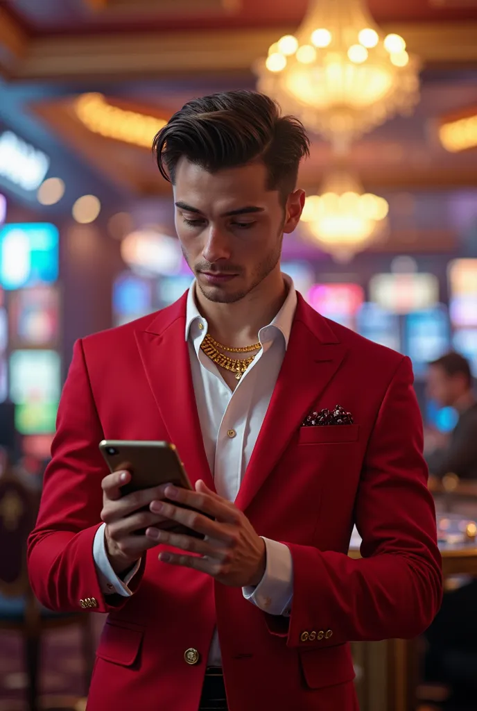 a casino man wearing red suit holding a phone playing online betting, standing. 25 years old, brushed up hair. wearing gold jewelries.