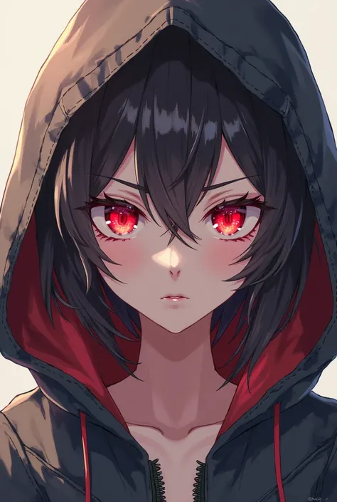 make a anime tomboy girl a beautiful face but a stern look with red piercing eyes, and she ware a hoddie