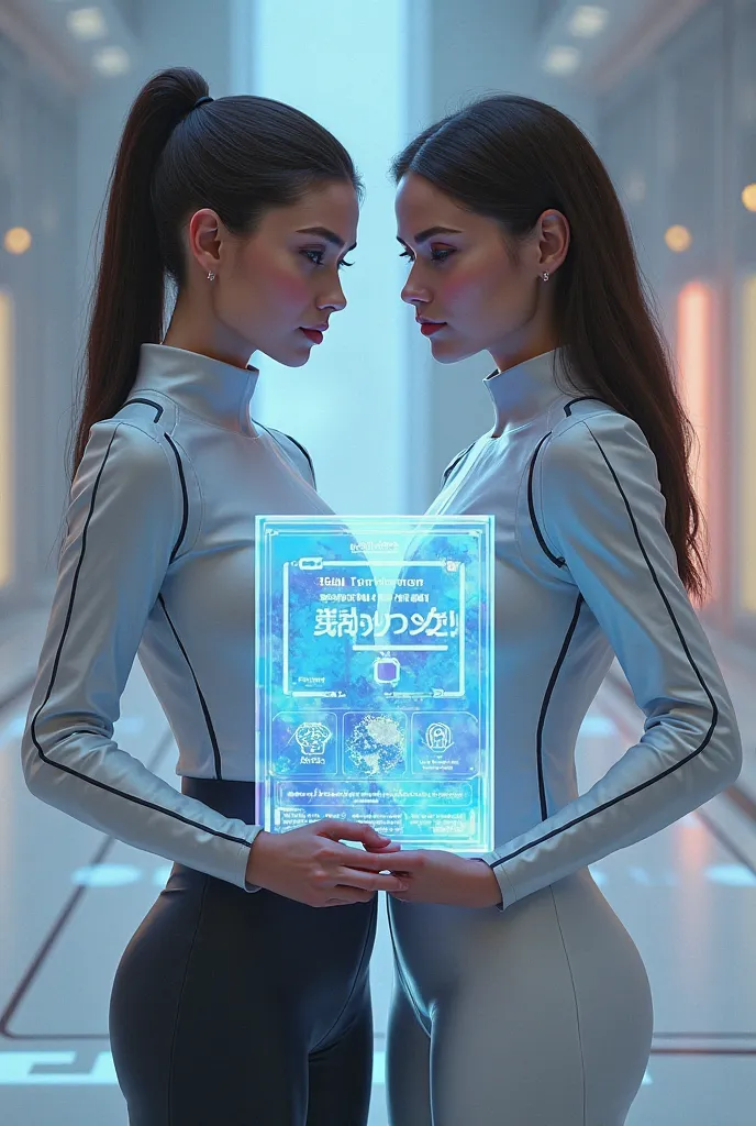 two women holding a futuristic certificates