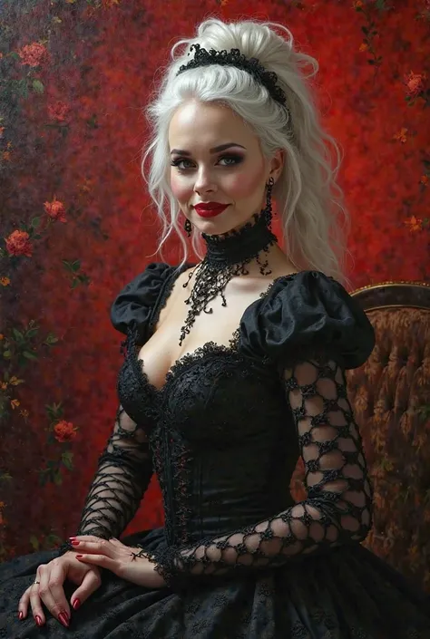 fantasy portrait of a gothic woman, dressed in black and red lace, white hair, pale face, red lips, dark eye makeup, smiling seductively, red salon in backround, wild, crazy, cards, oil painting style, strong lights focus, raised chin, proud, missy from do...