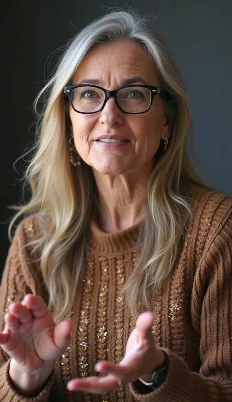  a 45-year-old woman , with glasses and an experienced and mature appearance, is in a podcast recording scenario. SHE HAS LONG BLOND HAIR,  with gray highlights , and her face is serious and authoritative, Conveying confidence and expertise. Your expressio...