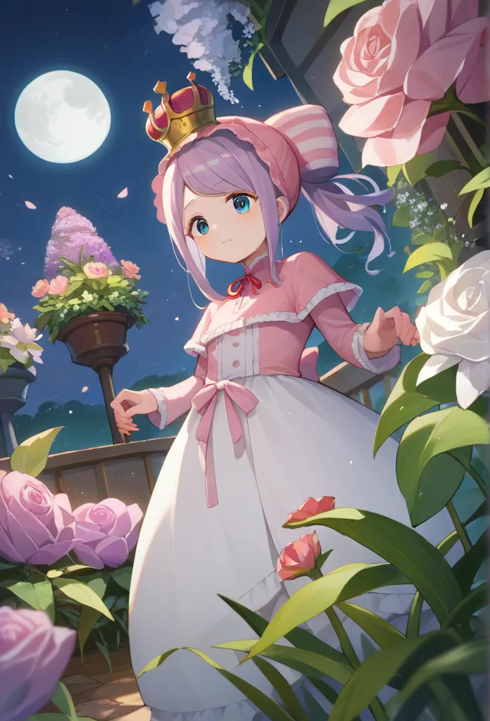 best quality, high_resolution, distinct_image, detailed background ,girl, hanbok,flower,garden,moon, night,dutch angle, wide shot, crown, 