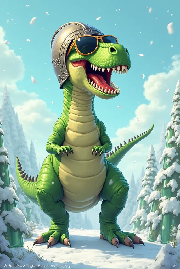 Fashionable green T-rex cartoon screaming with his face, He standing on a glass bottle mountain,  With snow , He has sunglasses and a medieval helmet  