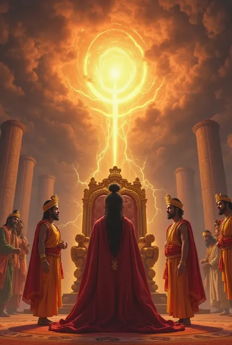 In cinematic 3d cartoon style ''
A grand palace with a tyrant king, Kansa, sitting on a golden throne. He looks shocked and fearful as a mystical glowing light in the sky delivers a divine prophecy. His sister, Devaki, and her husband, Vasudev, stand in ch...