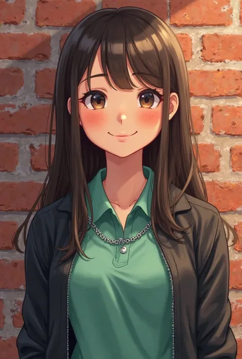 Girl with long straight dark brown hair with black jacket and water green polo with subtle chain light skin color cartoon mode and full body background of brick wall smiling for life