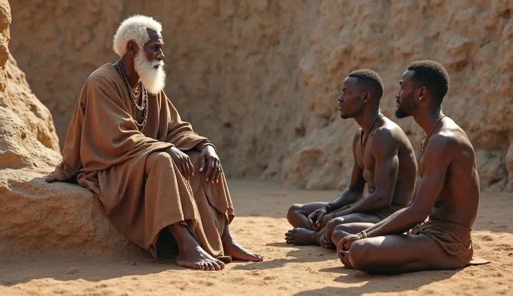 Pure white skinned old man with white coiled short hair  wearing brown robes sitted on a rock, talking to three handsome black african young men sitted on the ground, in 3000BC,  3D realistic, highly detailed features 