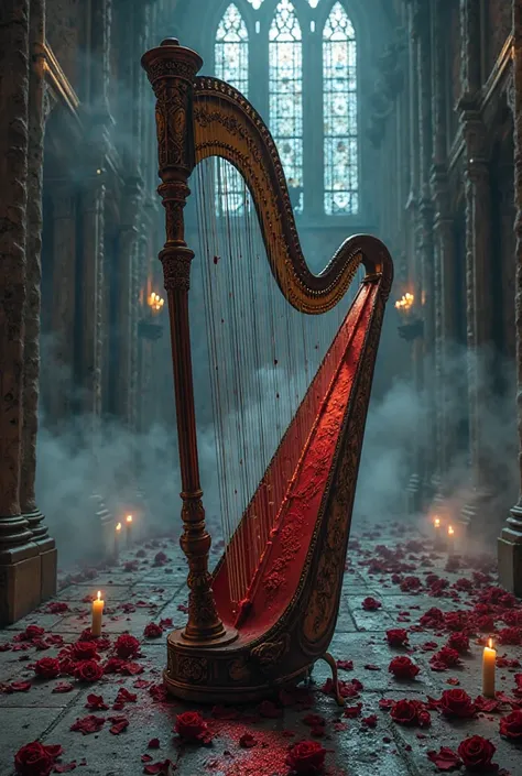 *"A grand Victorian-style harp stands solemnly in the center of an abandoned gothic cathedral, its wooden frame carved with intricate baroque engravings of sorrowful angels and cursed symphonies. The strings, impossibly thin and sharp like threads of fate,...