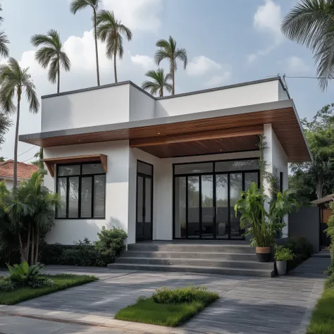 (masterpiece:1.2), best quality, photo of A two-story modern house with white walls and dark tiles on the roof, tree and plant, streetcapes, natural light, The exterior of an elegant single family home features large windows, a dark gray door frame.