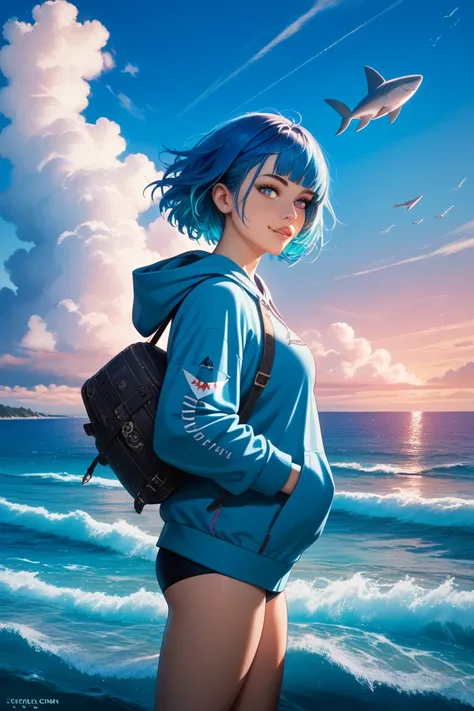 cool、Blue Hair、sea、shark、woman、 hoodie、wolf cut