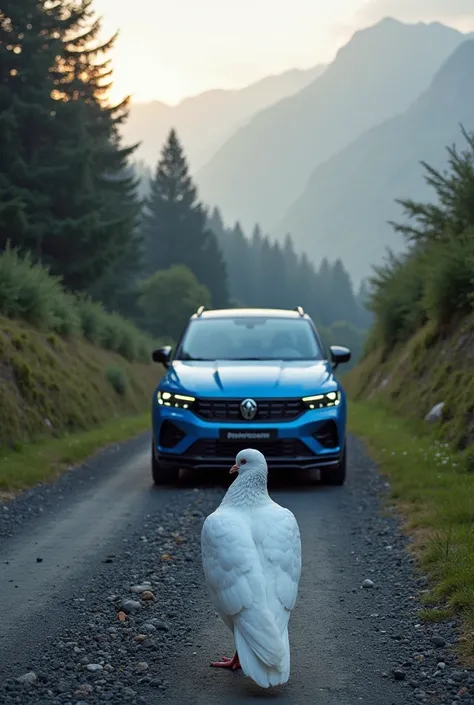 A quiet mountain road winds through lush greenery, with misty peaks towering in the background. A large blue car stands still on the gravel path, its sleek headlights and logo catching the soft morning light. In the foreground, a massive white pigeon stand...