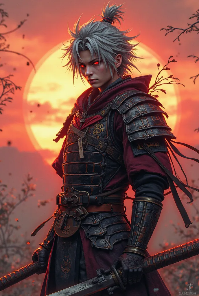 "A fierce anime-style husbando, silver messy hair, glowing red eyes, wearing a battle-damaged samurai armor, standing in a sunset-lit background, ultra-detailed, cinematic lighting, high-resolution, trending anime style, professional shading, highly realis...