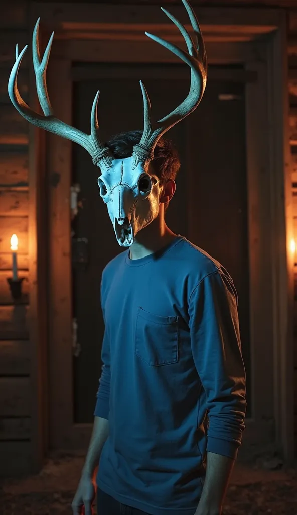 A Young Man In Blue Shirt Deer Skull Attached With His Face Standing In Abandoned Cabin Full Of Glowing Candles At Night Stunned Face Like He Hear Something Strange, Stunned Face, Walking Straight, Full Body Image, Clear Face