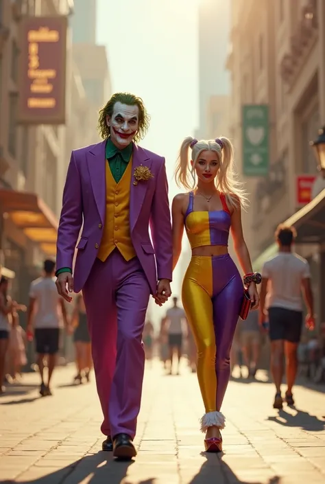 A man wearing a costume and joker light purple color combination with a beautiful woman, White hair, wearing harley quinn costume sexi light purple color combination yellow color combination,walking together in the streets of dubai, looking ahead , backgro...