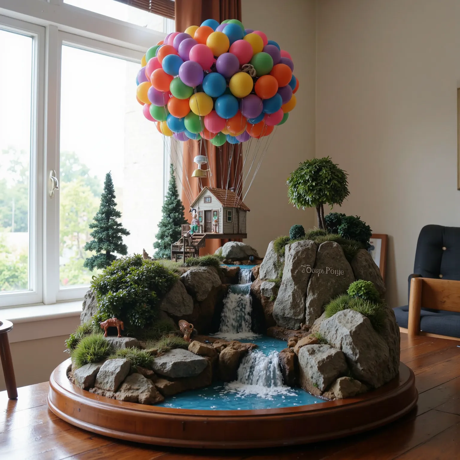 A highly detailed diorama set inspired by the movie 'UP.' The centerpiece is the iconic floating house, lifted by hundreds of colorful balloons. The house is beautifully crafted with vibrant colors, a small porch, and windows, just like in the film. Below,...