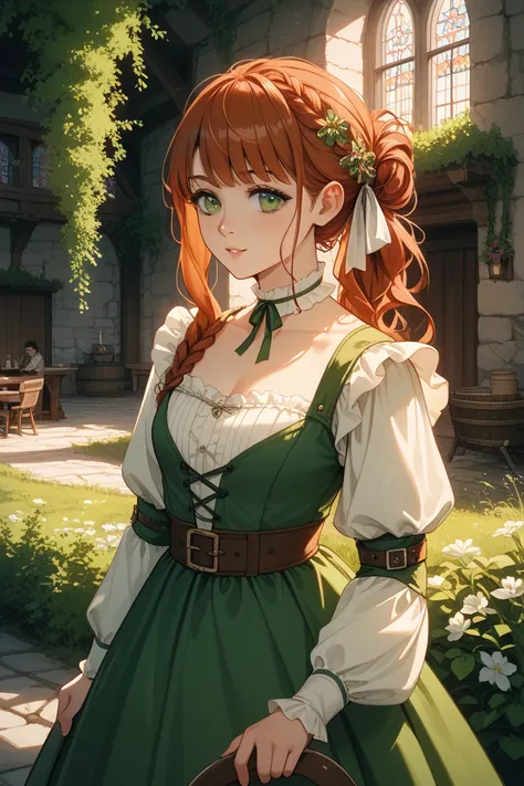  reddish brown hair bouncing sideways、 long(Up to the waist)fluffy hair。medieval European clothes with green eyes。Girl wearing a ribbon on a half up