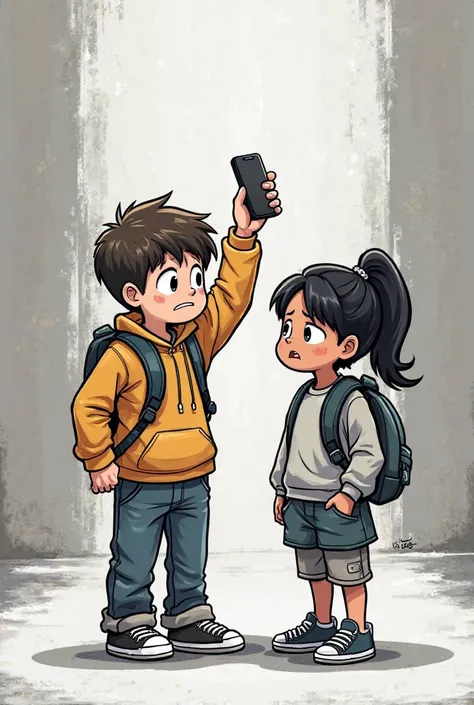 boy holds up his phone, frustrated.  
*boy:* "The news site is down. They’re blocking us!"  
*girl:* "They can't silence us forever. We have social media, independent platforms—people deserve to know!"  
 
make it cartoons and all black and not a 