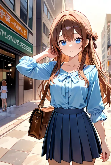 A brown-haired girl with blue eyes stands alone in the city center