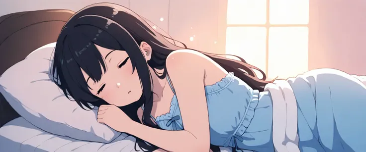 (masterpiece, best quality, illustration), anime girl, cute, solo, short blue nightgown, blue camisole, lying in bed, sleeping, sleeping face, closed eyes, peaceful expression, black hair, long hair, detailed eyes, detailed face, bedroom, bed, pillow, blan...