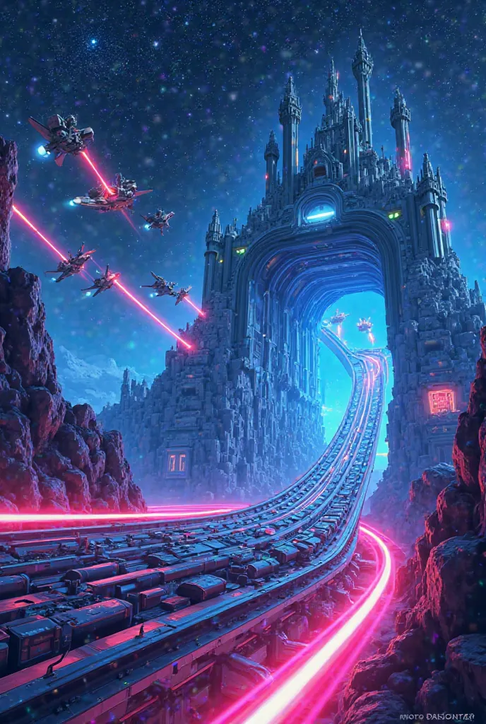 Disneyland Paris attraction poster dedicated to Hyper Space Mountain. Neon futuristic retro with blue colors and cartoon style. The roller coaster surrounded by enemy ships attacking in space 