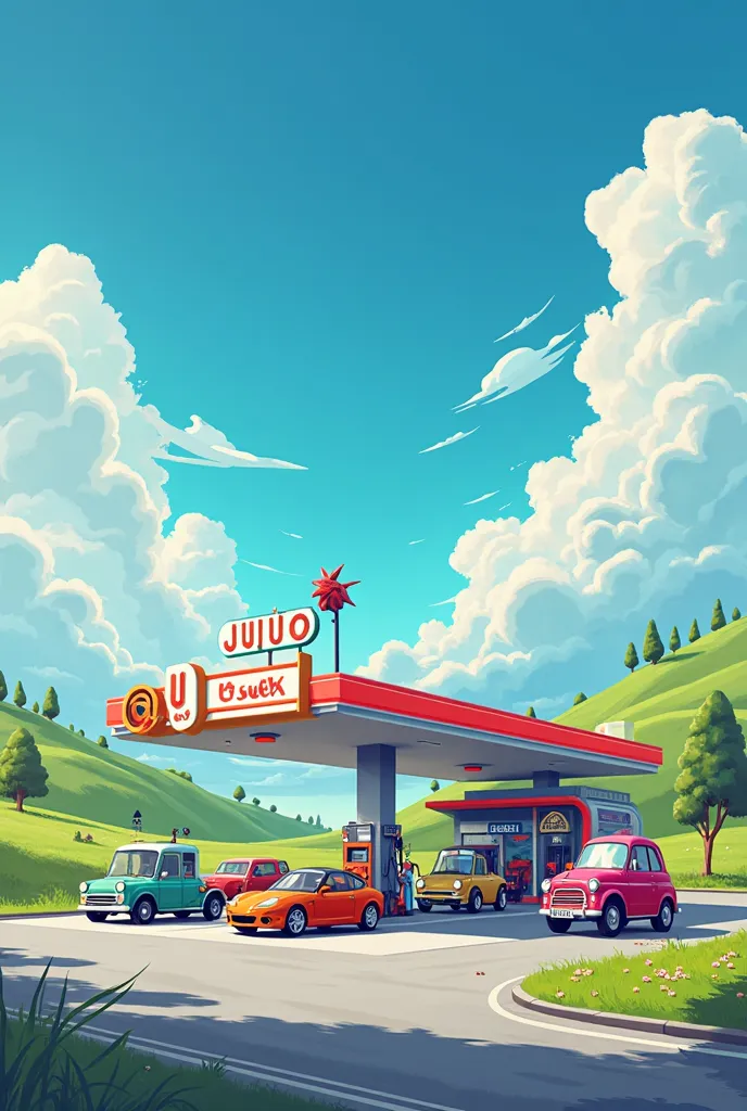 Modern gas station.  blue sky.  cartoon style. class