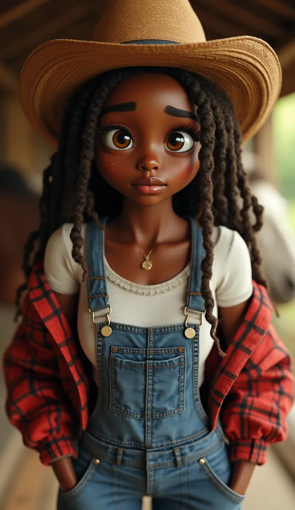 Masterpiece, cowboy hat, African american, dark onyx complexion, silky wet skin, 3-D render, 1 girl, golden dreadlocks, very huge breasts, wide hips, brown freckles, hazel eyes, very big breasts, very round ass, red flannel, blue overalls, white t-shirt, w...