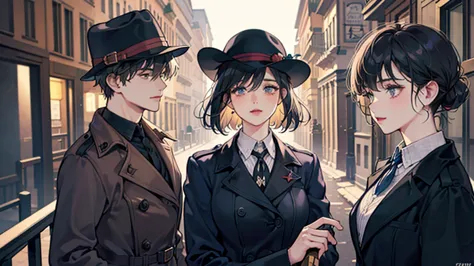 A mysterious incident unfolds in a city reminiscent of Italy. A lone female detective, dressed like a 1940s investigator in a trench coat and fedora, is depicted investigating the case from various angles.