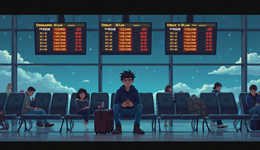 A large airport waiting area with a departure board showing multiple delays. The protagonist, a young male traveler in a dark blue hoodie and jeans, sits on a bench, looking frustrated while holding his phone. A few scattered passengers are seen in the bac...