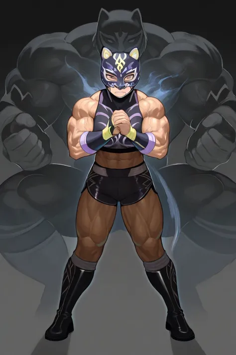 Female professional wrestler, female version of Tiger Mask, masked and hiding face with hands, by shadow man