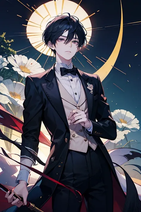  neutral、serious、handsome、handsome man、 Slim、is thin、looks frail、Weak constitution as it looks、Boxed Son、naive monk、I always carry a parasol、delicate body、 well-balanced proportions 、The Crown Prince、black dress suit for men( tuxedo)、Calm expression、Calm a...