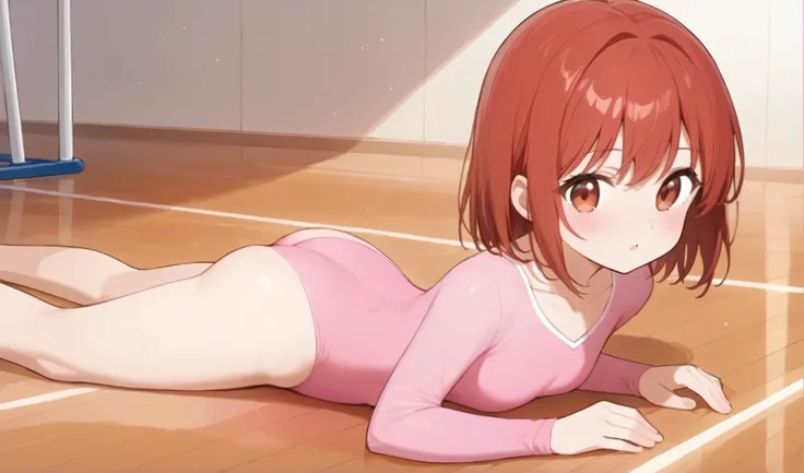 a pretty  lying on a wooden floor with her arms on the ground, 1girl, solo, athletic leotard, twintails, pink leotard, leotard, brown hair, long hair, brown eyes, lying, blush, wooden floor, gymnastics, breasts, small breasts, indoors, hair ornament