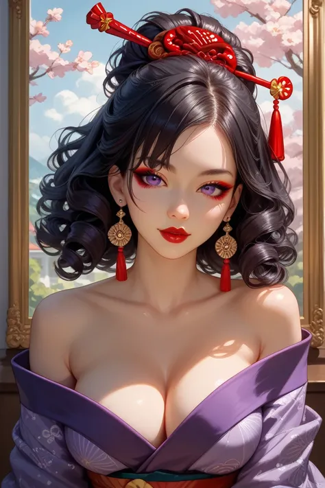 A very sexy asian woman, big purple eyes, 32 years old, curly black hair, red makeup, red lipstick, Japanese traditional high hairdo,, wearing a sexy silk violet kimono, no background, picture in anime style