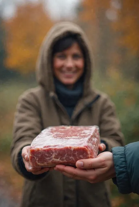 A picture of packaged meat given to the needy and the poor and his face is not clear, the background of the photo is beautiful and these photos are at the bottom of the frame